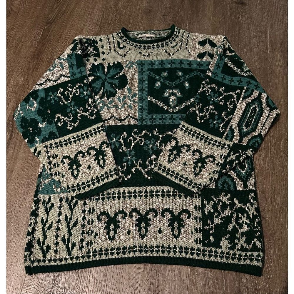 Vintage Carriage Court Womens Green Clover Abstract Knit Sweater Size L